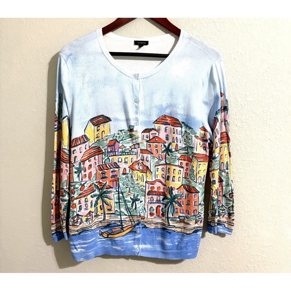 Talbots XL Cardigan Sweater Mediterranean Village Print Measures Like L - Picture 2 of 12